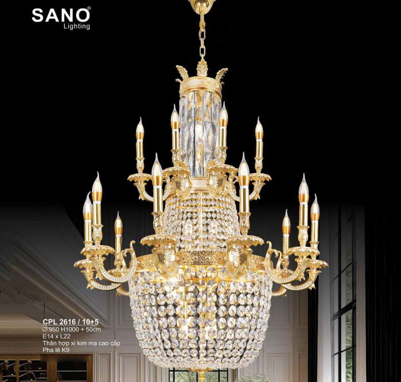 Đèn chùm pha lê K9, thân hợp kim mạ cao cấp SANO Ø950*H1000 + 50cm - E14*L17