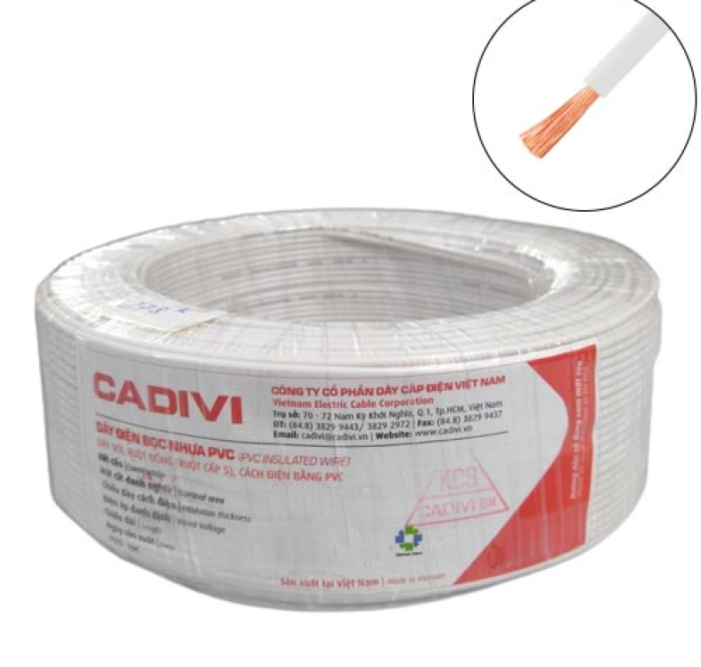 Dây điện đơn mềm Cadivi VCm-0.75 mm2 (Trắng) – 300/500V